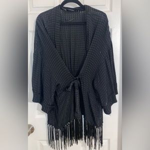 ZARA Black Fringe Kimono with tie-waist